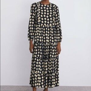 Zara Black Sunflower Floral‎ Print Ruffle Baby Doll Midi Dress XS Boho Retro